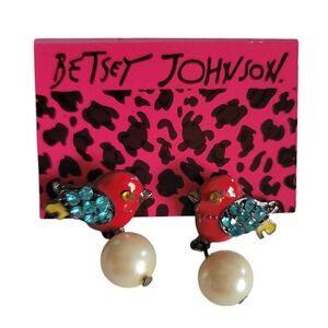 Vintage Betsey Johnson Bird Drop Earrings Faux‎ Pearl Rhinestone Studs Post Fun